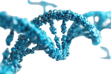 A detailed 3D rendering of a DNA double helix, depicted in vibrant teal with a translucent, almost watery appearance, against a black background.