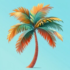 Obraz premium Colorful palm tree with vibrant orange, green, and yellow fronds standing against a clear blue sky background, evoking a tropical and serene mood
