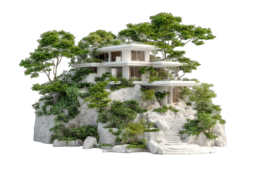 A digitally rendered image showcases a modern, two-story white house nestled amidst lush greenery on a rocky outcrop, accessed by a stone staircase