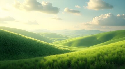 Fototapeta premium A realistic landscape image of rolling green hills under a cloudy sky, with patches of sunlight moving across the landscape and a gentle breeze swaying tall grass.