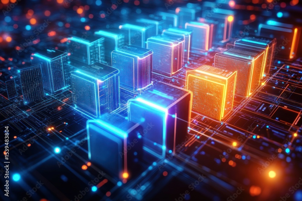 Poster futuristic illuminated circuit board with glowing blue and orange rectangular components connected b