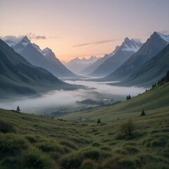 Fototapeta premium A scenic view of a valley filled with fog surrounded by mountains under a pastel sky at dawn