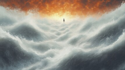 A lone figure stands amidst swirling mist and clouds with a fiery orange sky above, evoking a sense of solitude and surreal mystery