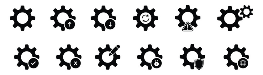 Gear icon set. Glyph gearwheel mechanism. Cogwheel service icon