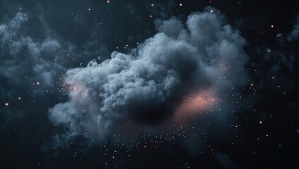 Massive grey cloud, fiery sparks, dark background