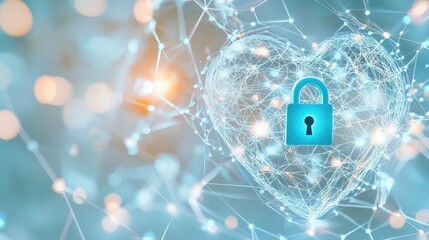 Secured Digital Heart: An eye-catching image of a digital heart, with a padlock at its center, symbolizing security, privacy and safe data. a perfect visualization of safe and protected information