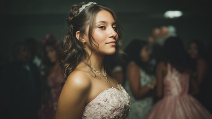 Elegant Teen Latina Girl in Pink Quinceañera Dress at Celebration
