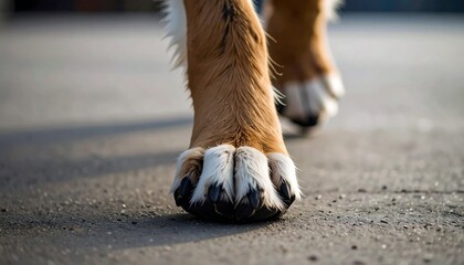 Dog paws walking asphalt.