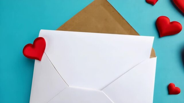 Open white envelope with blank card and red heart shapes on light blue backdrop for romantic, relationship or Valentines Day themes.
