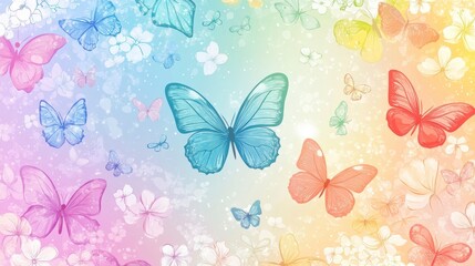 Colorful butterflies flutter amidst a rainbow backdrop of flowers and sparkling lights.