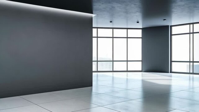 Contemporary empty office interior with large windows, grey walls, white tile floor, city view and recessed lighting design.