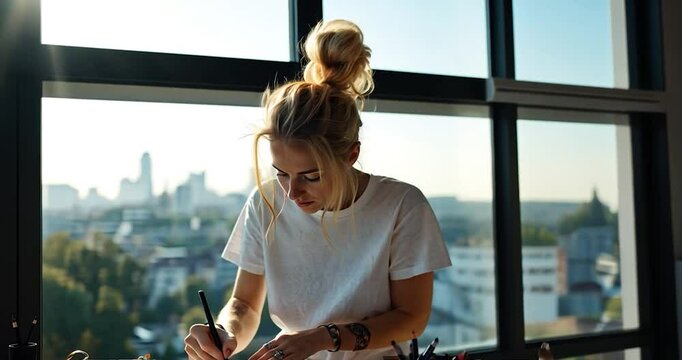 Young woman in white t-shirt draws with a pencil at a wooden desk near large window overlooking city.  Sunlight streams in