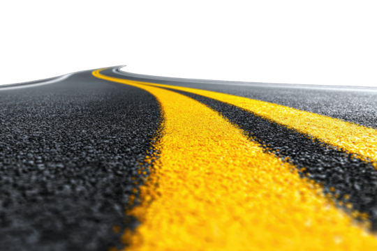 A low-angle close-up shot of a winding asphalt road with two bright yellow lines marking the center, set against a stark black background