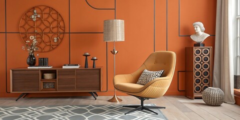 Mid-century modern interior with an orange accent wall, retro swivel chair, and sculptural decor. Warm tones and clean lines create a cozy minimalist scene