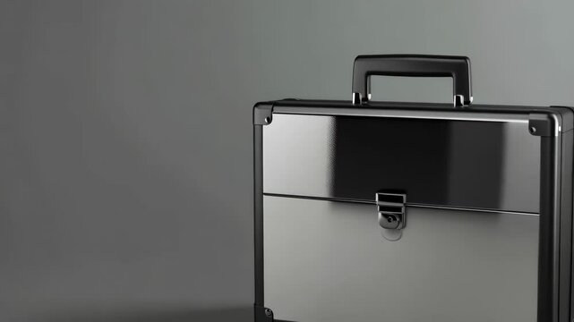 Silver metal briefcase with black handle on gray background. Close-up shot of a sleek, modern hard-shell suitcase for business, travel, or security.