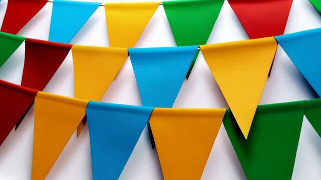Colorful triangular pennant banner strung in rows against white backdrop, decoration for parties or celebrations