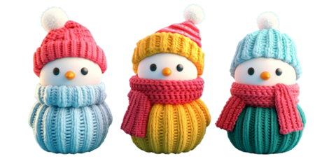 Three colorful snowmen wearing hats and scarves  on  transparent background 