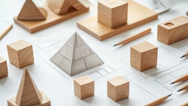 Wooden geometric shapes on blueprint paper - Powered by Adobe