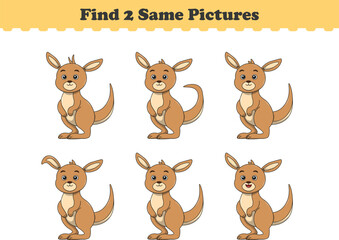 Funny cartoon kangaroo. Find two same pictures. Educational game for children. Cartoon vector illustration