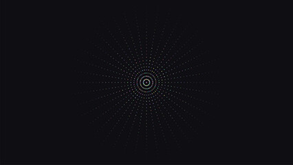 Modern background with a smooth radial pattern of colourful dots on a deep dark base. Ideal for creative digital projects, tech themes, or UI backdrops.