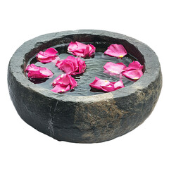 Round stone fountain with clear water and pink rose petals isolated on transparent background.