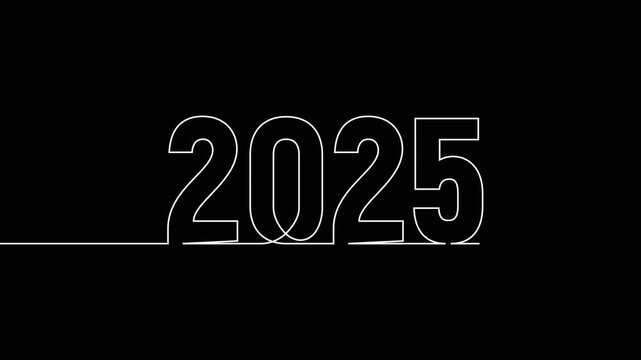 2025 new year continuous line art clip self drawing animation on white black background. single one line art written outline sketch illustration 2025 year numbers video