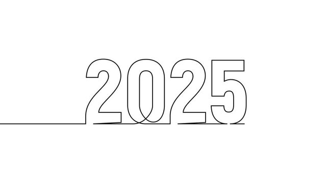 2025 new year continuous line art clip self drawing animation on white black background. single one line art written outline sketch illustration 2025 year numbers video