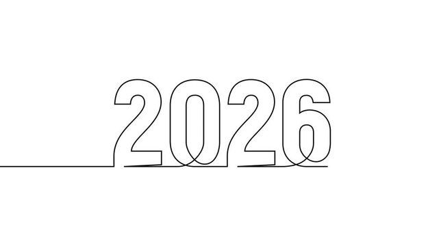 2026 new year continuous line art clip self drawing animation on white black background. single one line art written outline sketch illustration 2026 year numbers video