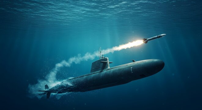 Submarine launches missile underwater, creating a plume of smoke as it ascends through the water.