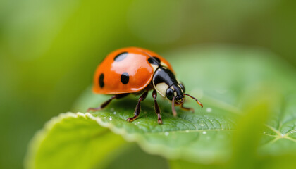 Obraz premium Ladybug resting on a green leaf in a natural environment 