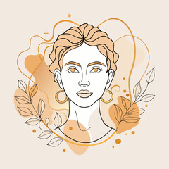 A minimalist line art portrait of a woman with short hair and hoop earrings is accented by soft orange abstract shapes and botanical elements.