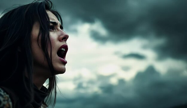 A Woman's Cry Under a Stormy Sky A Dramatic Portrait of Anguish and Despair