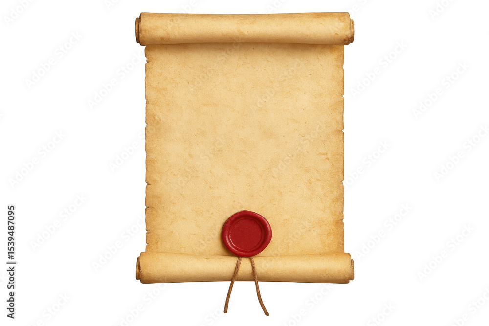 Poster rolled parchment with red wax seal and empty space for text, isolated on transparent background, ide