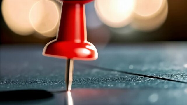 Vibrant red push pin securely anchored on a textured surface, with bokeh lights in the background emphasizing focus and precision.