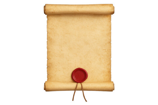 Rolled parchment with red wax seal and empty space for text, isolated on transparent background, ideal for historical or fantasy designs