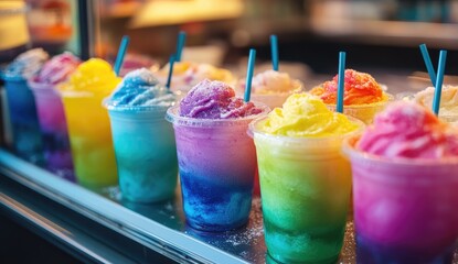 Colorful shaved ice drinks in plastic cups, lined up behind a display case