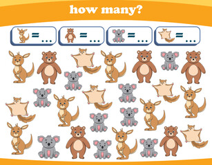 Counting game of wild animals for preschool kids. Printable. Vector Illustration