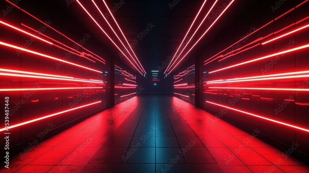 Poster futuristic corridor with glowing red neon lights lining glossy black walls and reflective tiled floo