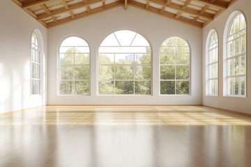 Obraz premium Dance Hall with Bright Windows, Bar for Ballet Lessons and Choreography Class windows.