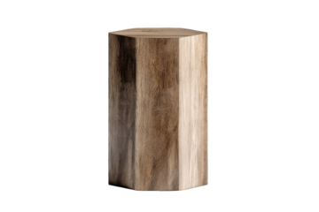 A cylindrical wooden side table with a hexagonal base and top, showcasing natural wood grain and a dark brown hue.  The piece appears sturdy and minimalist