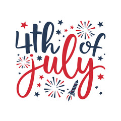 Dynamic 4th of July Lettering with Fireworks and Rocket for Independence Day