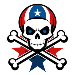 A cartoon skull with glowing blue eyes and crossbones wears a patriotic American-themed helmet, set against red and blue stars, conveying a rebellious or military-inspired symbol.