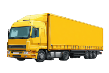 A vibrant yellow semi-truck, depicted in a three-quarter view, features a long trailer ideal for transporting goods.  The detailed illustration showcases its cab and multiple axles