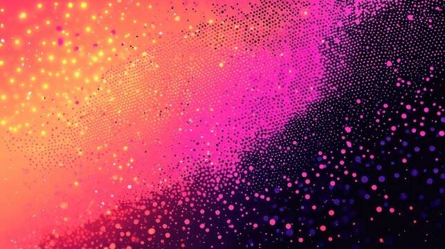 Abstract colorful gradient of scattered dots transitioning from bright yellow and orange to deep pink and purple on a dark background