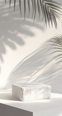 Minimalist white stone podium, natural light, palm leaves shadows