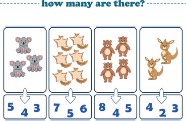 Counting game of wild animals for preschool kids. Printable. Vector Illustration