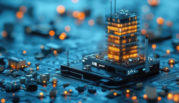 Futuristic building on a circuit board, illuminated by glowing lights