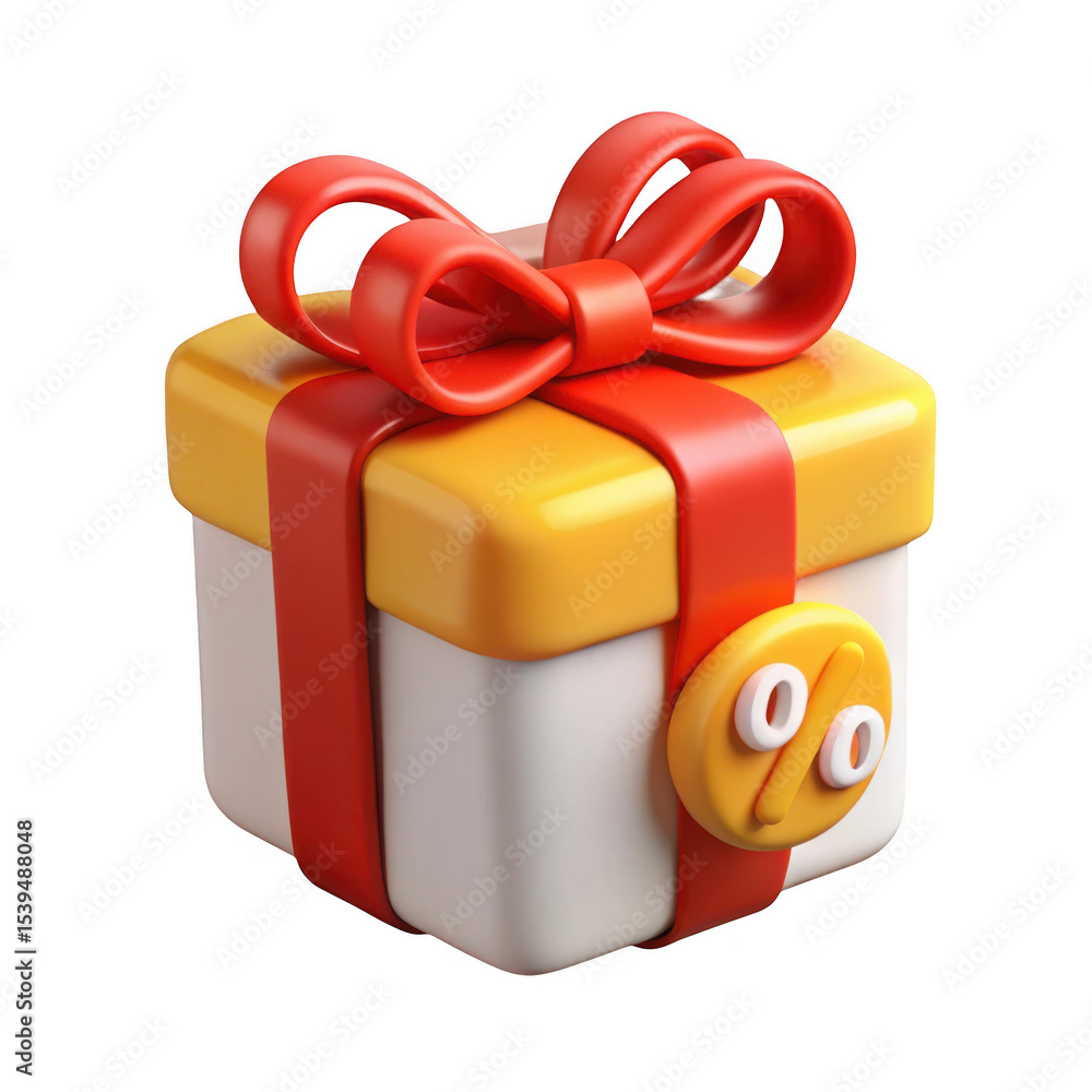 Poster 3d render of gift box with red bow and discount icon isolated on transparent background