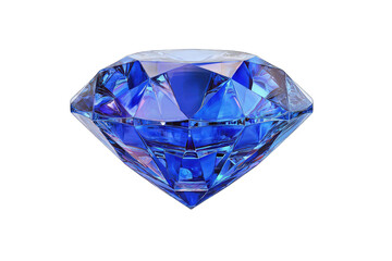 A digitally rendered, brilliant-cut sapphire gemstone, showcasing deep blue hues and multifaceted brilliance against a black background.  Its facets reflect light intensely