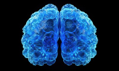 Translucent blue human brain, detailed rendering showing intricate internal structure against black background